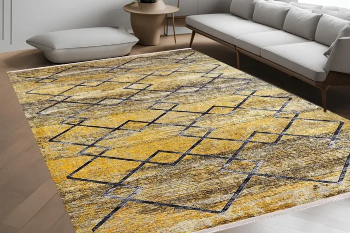 Golden Geometric Harmony Area Washable Rug