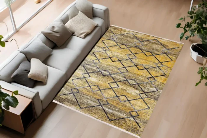 Golden Geometric Harmony Area Washable Rug