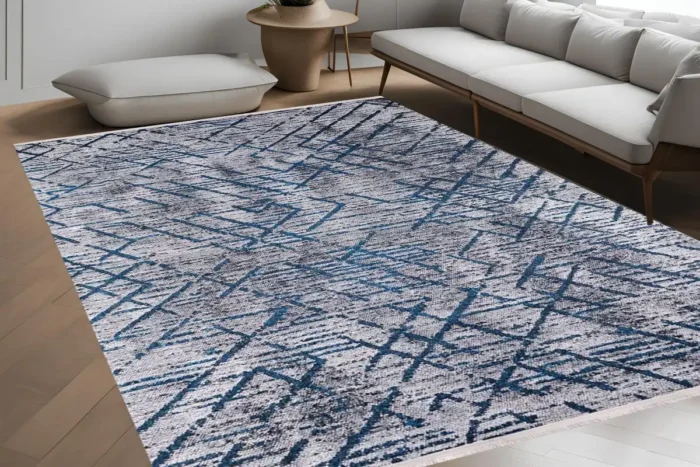 Modern Abstract Blue Geometric Washable Rug