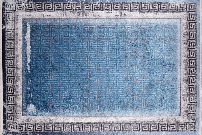 Greek Key Border Blue Washable Rug