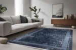 Navy Textured Border Area Washable Rug