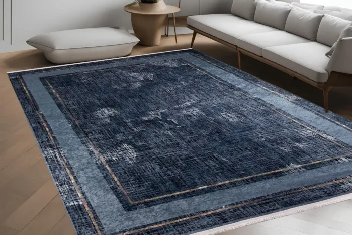 Navy Textured Border Area Washable Rug