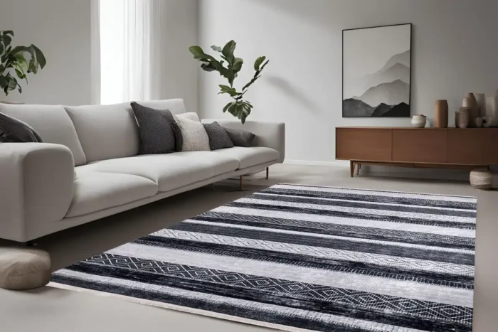 Monochrome Tribal Stripe Washable Rug