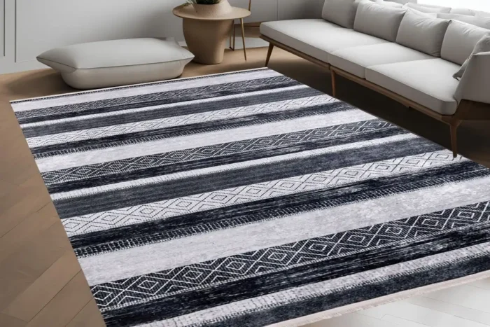 Monochrome Tribal Stripe Washable Rug