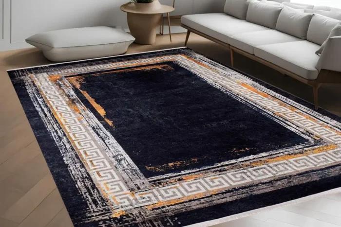 Modern Greek Key Border Washable Rug